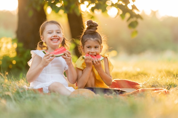 Duas garotinhas fofas comendo melancia na natureza, brincando e se divertindo, conceito de comida de bebê