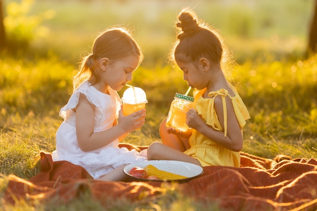 Duas garotinhas mestiças bebem smoothies em um jardim ao ar livre. Alimentos livres de OGM. Conceito de uma vida saudável