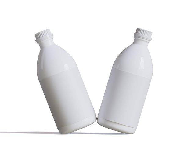 duas garrafas brancas de água são mostradas contra um fundo branco