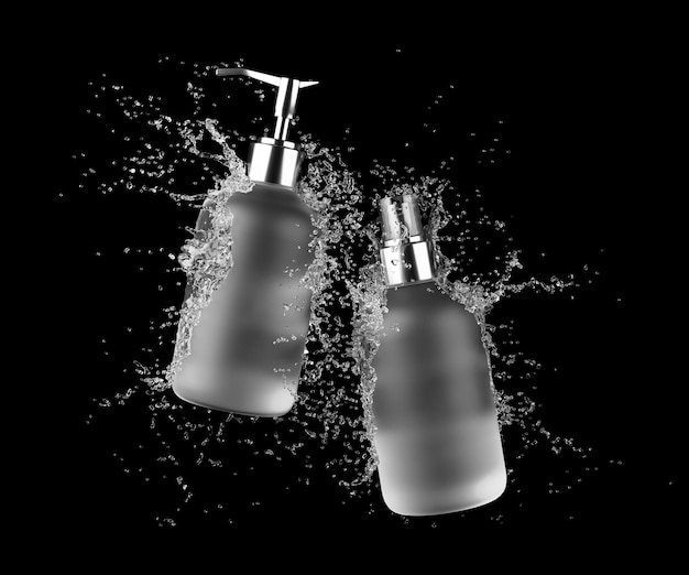 Duas garrafas cosméticas de vidro fosco diferentes em respingos de água isoladas em renderização 3D de fundo preto