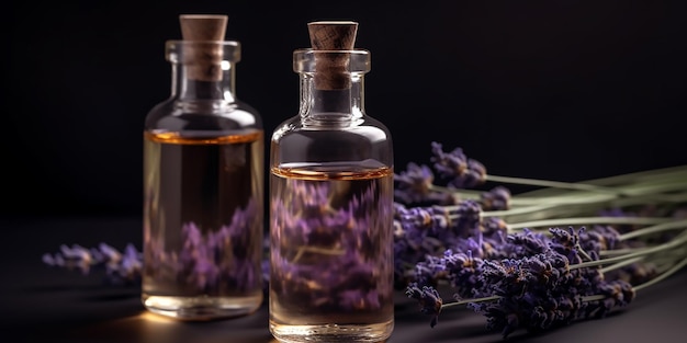 Duas garrafas de óleo de lavanda com uma flor roxa no topo.