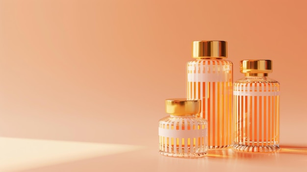 Duas garrafas de perfume de vidro 3D realistas com tampas douradas isoladas em um fundo laranja claro uma com etiqueta e a outra sem