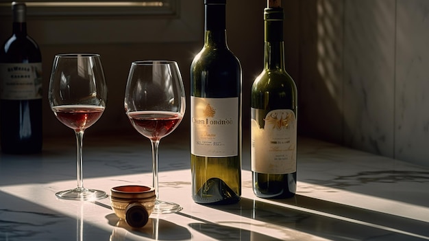 Duas garrafas de vinho estão sobre uma mesa, sendo uma delas uma garrafa de vinho.