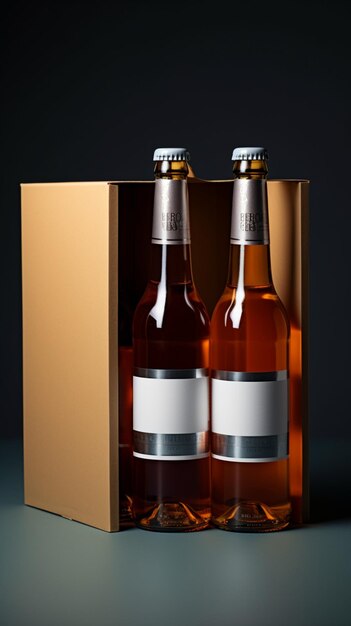 Foto duas garrafas distintas de bebidas não alcoólicas acompanhadas por uma caixa de papel branco isolada em um toscha ba