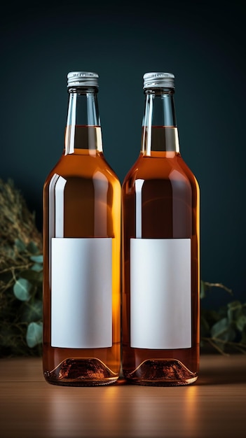 Duas garrafas diversas de bebidas não alcoólicas com uma caixa de papel branco sobre um fundo Toscha Vertical Mobile