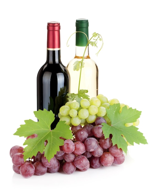 Duas garrafas e uvas de vinho