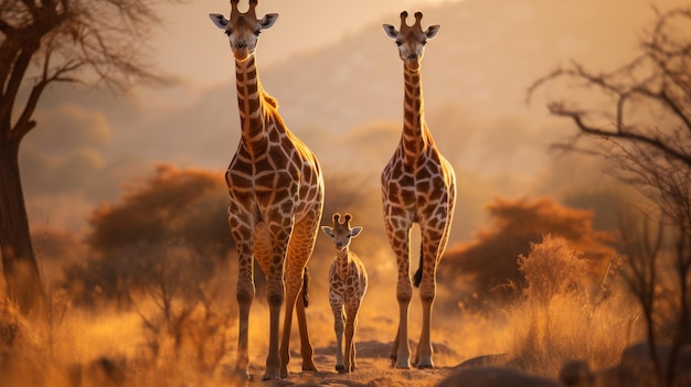 Duas girafas com pescoços longos de pé graciosamente lado a lado em um campo verde exuberante