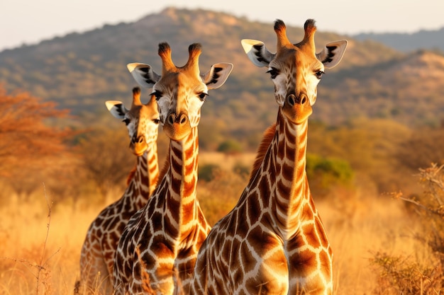 Duas girafas de pé na pitoresca paisagem da savana com árvores e vida selvagem