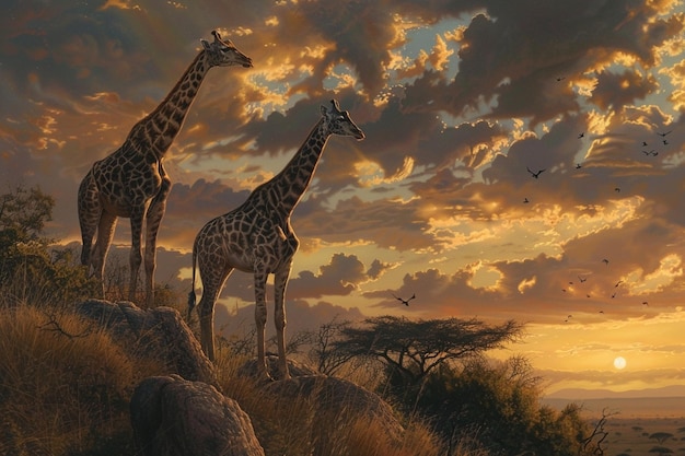 Foto duas girafas estão de pé em uma colina com um pôr do sol no fundo