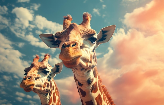Duas girafas juntas ao lado de um céu azul claro