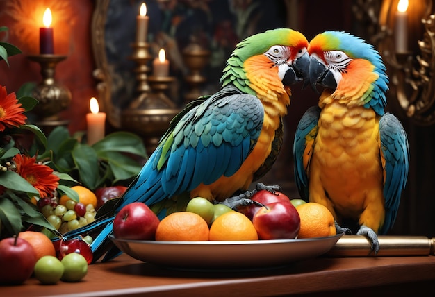 Duas harrotas sentadas em uma mesa cercadas de frutas e flores AI gerativa