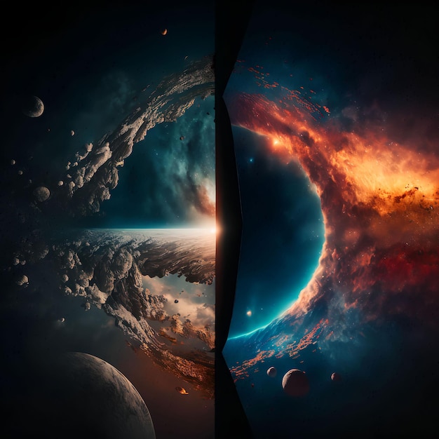 Duas imagens de planetas e do sol são mostradas em um fundo preto.