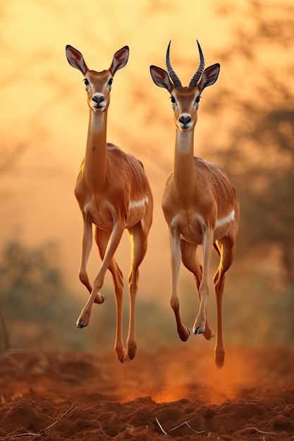 Duas impalas saltando graciosamente pela savana africana ao pôr do sol