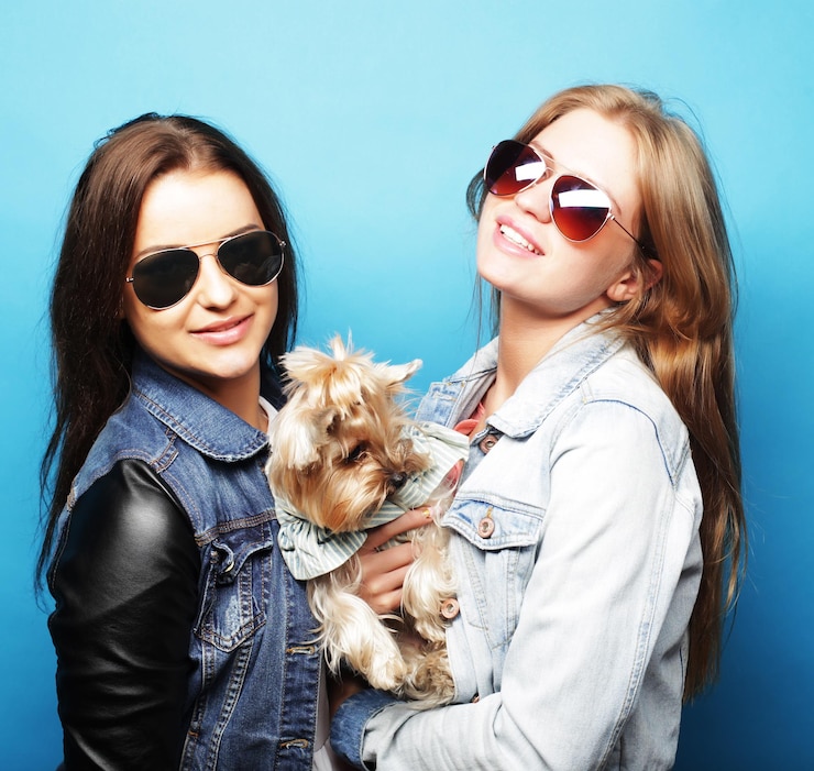 Foto duas irmãs adolescentes com yorkshire terrier