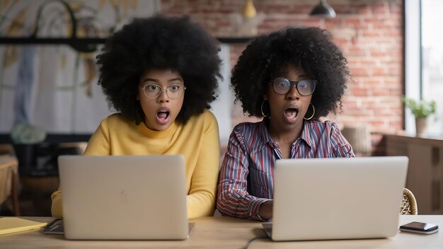 Foto duas irmãs afro-americanas surpreendidas usando um computador portátil