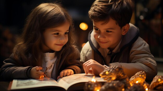 Duas irmãs brincando e lendo livro em casa lendo um livro e lendo um livro sorrindo olhando para a câmera família feliz outonogenerativo ai