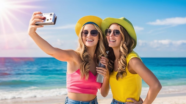 Duas irmãs engraçadas fazendo selfie com uma câmera vintage posando na festa na praia e saindo