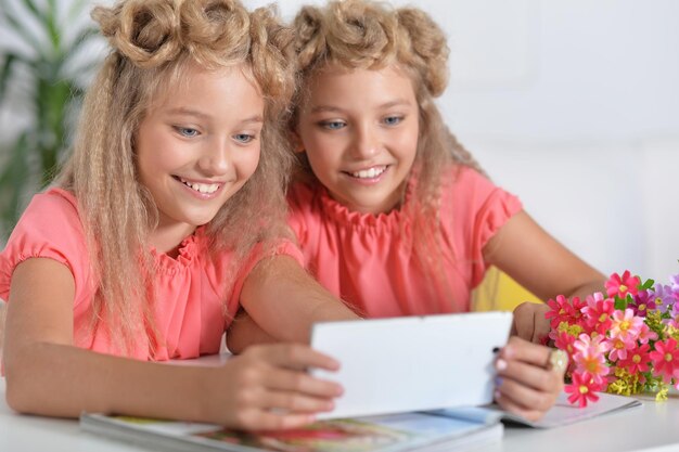 Duas irmãs gêmeas adoráveis em lindos vestidos rosa