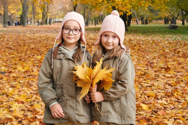 Duas irmãs gêmeas posando para a câmera com um buquê de folhas amarelas no parque outono