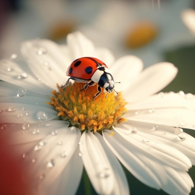 Foto duas joaninhas em uma flor branca com gotas de água nelas.