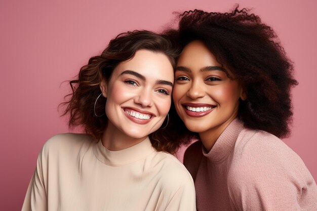 Foto duas jovens alegres e diversificadas olhando para a câmera sorrindo em um fundo pastel ia generativa