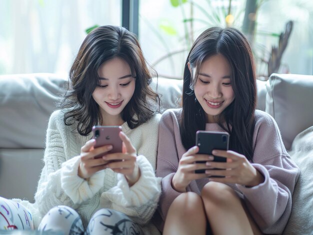 Duas jovens asiáticas usando um smartphone sentadas no sofá na sala de estar