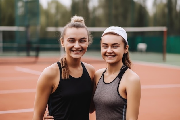 Duas jovens esportistas felizes em pé em uma quadra de tênis criada com ai generativa