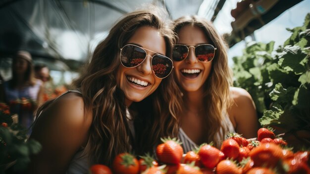 Foto duas jovens felizes colhendo morangos em uma estufa