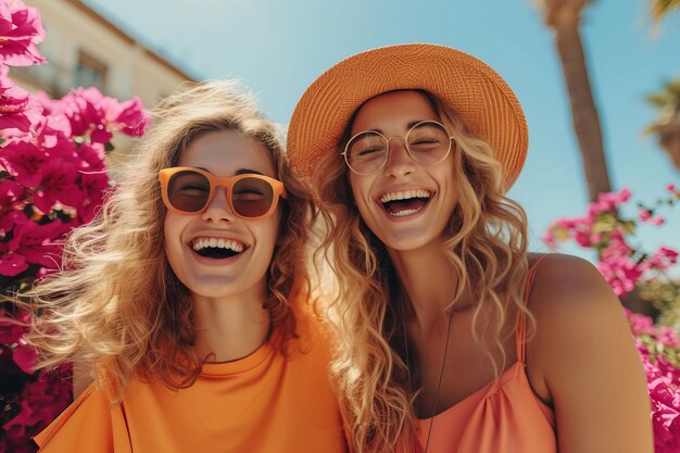 Foto duas jovens felizes rindo juntas em frente a um arbusto de buganvilla