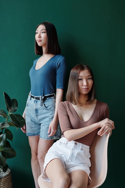 Duas jovens lindas irmãs gêmeas de etnia asiática com cabelo escuro liso relaxando na frente da câmera por planta doméstica em ambiente de estúdio