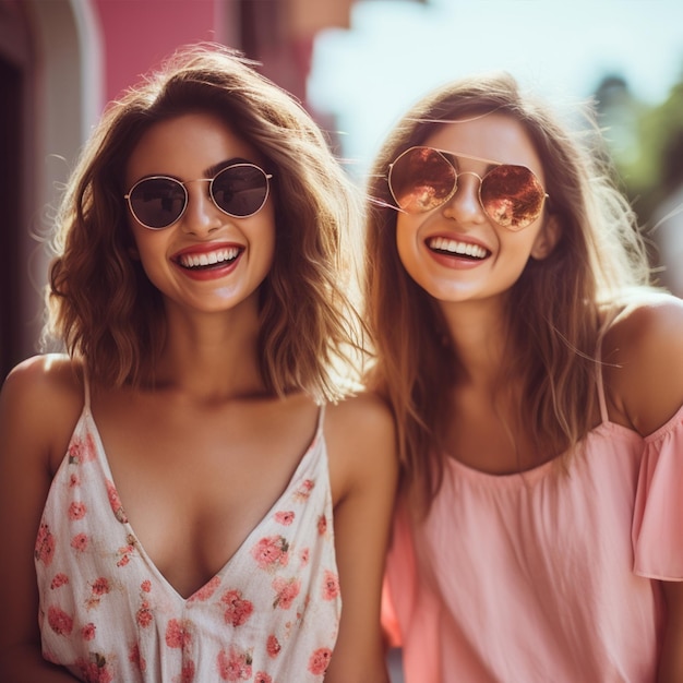 Foto duas jovens morenas sorridente em roupas de verão à moda