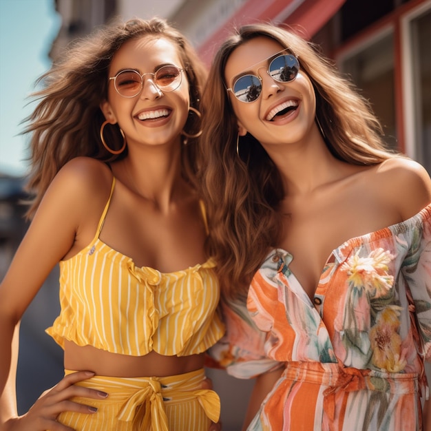 Foto duas jovens morenas sorridente em roupas de verão à moda