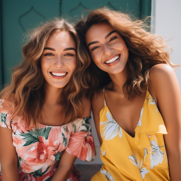 Duas jovens morenas sorridente em roupas de verão à moda
