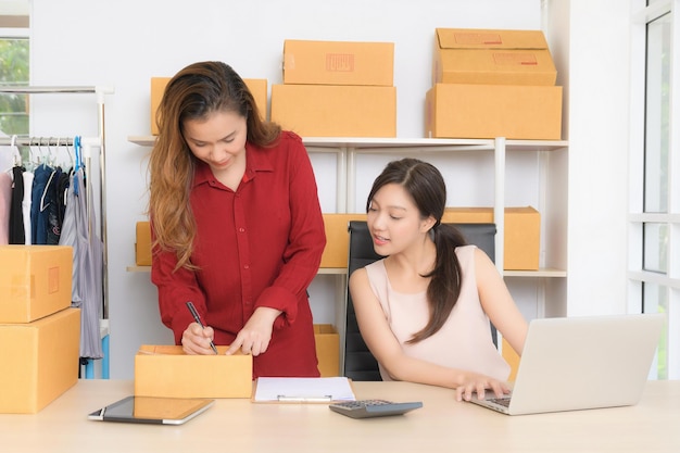 Duas jovens mulheres de negócios estão discutindo alegremente planos de marketing on-line em seu escritório em casa