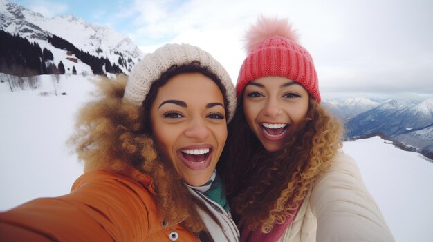 Duas jovens mulheres estão felizmente tirando uma selfie na rua da cidade durante a estação de inverno Eles exalam alegria e riso enquanto capturam sua aventura urbana