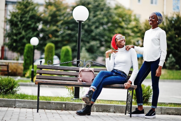 Duas jovens mulheres muçulmanas africanas, altas e magras, atraentes, modernas, em hijab ou lenço de cabeça de turbante, posaram juntas