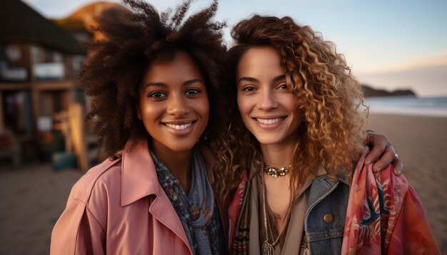 Duas jovens sorrindo olhando para uma câmera ao ar livre alegremente gerada por inteligência artificial