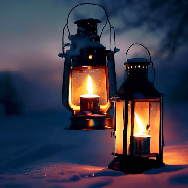 Duas lanternas acesas na neve ao entardecer