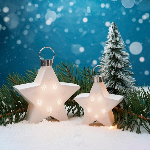 Duas lanternas de estrelas brancas e um brinquedo de árvore de Natal na neve com galhos de abeto em fundo azul flocos de neve e bokeh inverno de ano novo