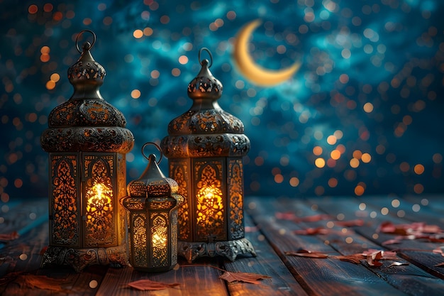 Duas lanternas em mesa de madeira com lua em estilo de inspiração oriental