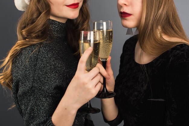 Duas lésbicas estão felizes em comemorar o Natal e o Ano Novo. Duas meninas sorridentes felizes brindando com taças de champanhe