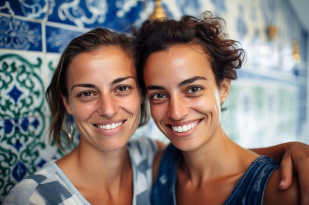 Duas lésbicas portuguesas perto de uma parede com Azulejos em uma rua da cidade