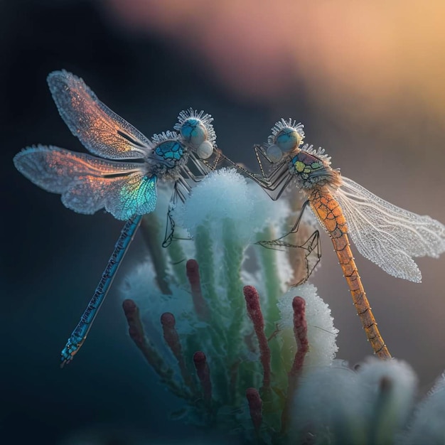 Duas libélulas estão sentadas em uma flor.