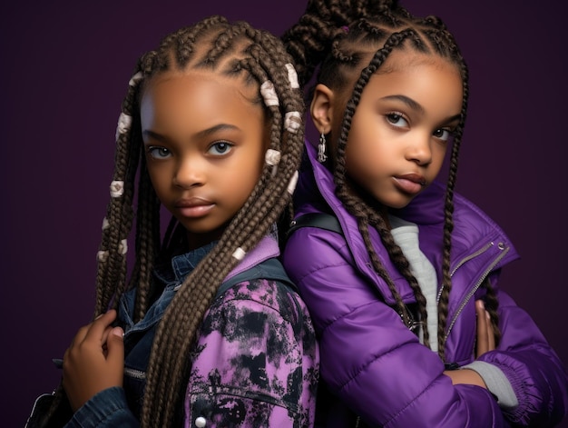 duas lindas garotas africanas pálidas, com cabelos longos, vestindo roupas da moda, posando lado a lado com um braço