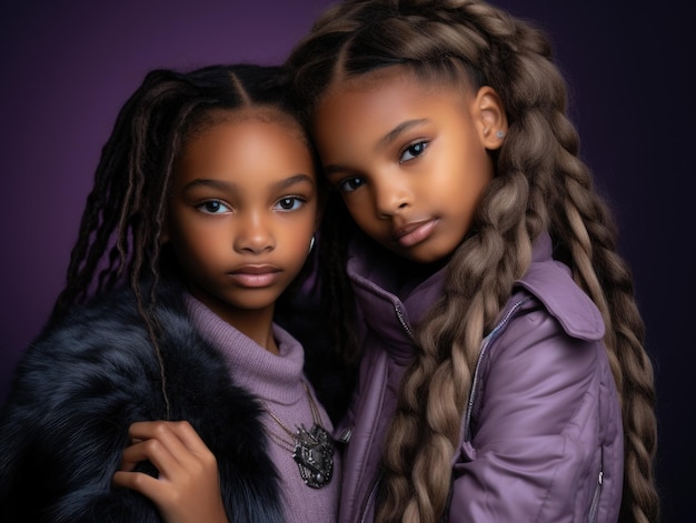 duas lindas garotas africanas pálidas, com cabelos longos, vestindo roupas da moda, posando lado a lado com um braço