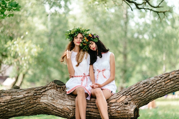 Duas lindas meninas em vestidos étnicos, sentado no galho de árvore.