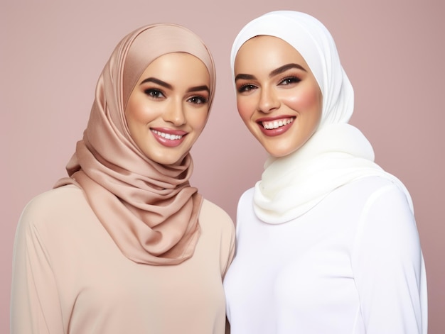 Duas lindas mulheres árabes muçulmanas com um lindo sorriso, propaganda de dentes brancos para um sorriso perfeito