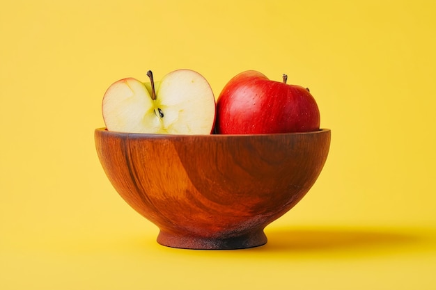 Duas maçãs em uma tigela de madeira em fundo amarelo
