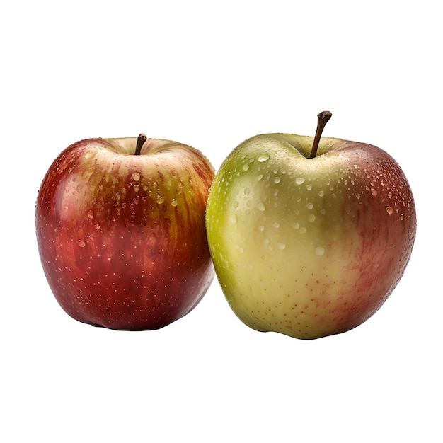 Duas maçãs estão próximas uma da outra com um fundo branco.