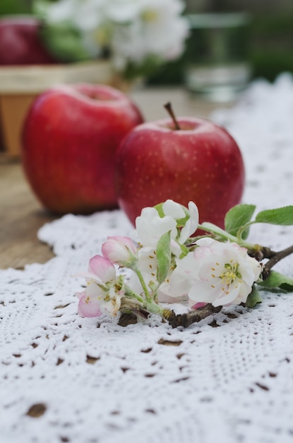 Duas maçãs maduras e flor de macieira em um guardanapo de malha branco, cores desbotadas, profundidade de campo rasa.
